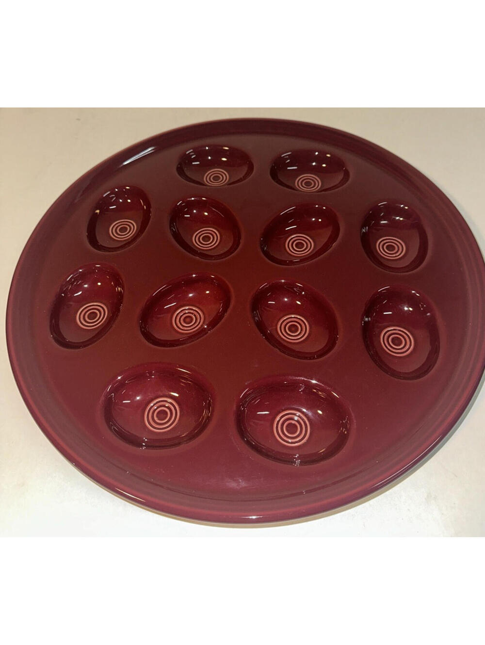 FIESTA 13" EGG TRAY PLATE PLATTER Burgundy Wine with swirl pattern 12 eggs NEW